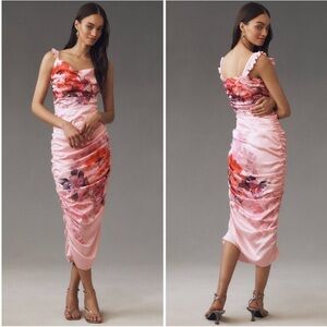 BHLDN Callie Sleeveless Ruched Printed Charmeuse Midi Dress Pink Size XL New NWT